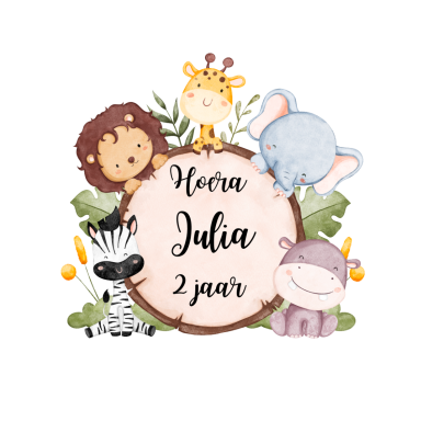 stickers Kleurrijke illustratie met dieren rondom een naam en leeftijd.