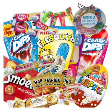 snoep Kleurrijke verzameling snoep en snacks, waaronder chocolade, zuurstokken en spekjes.